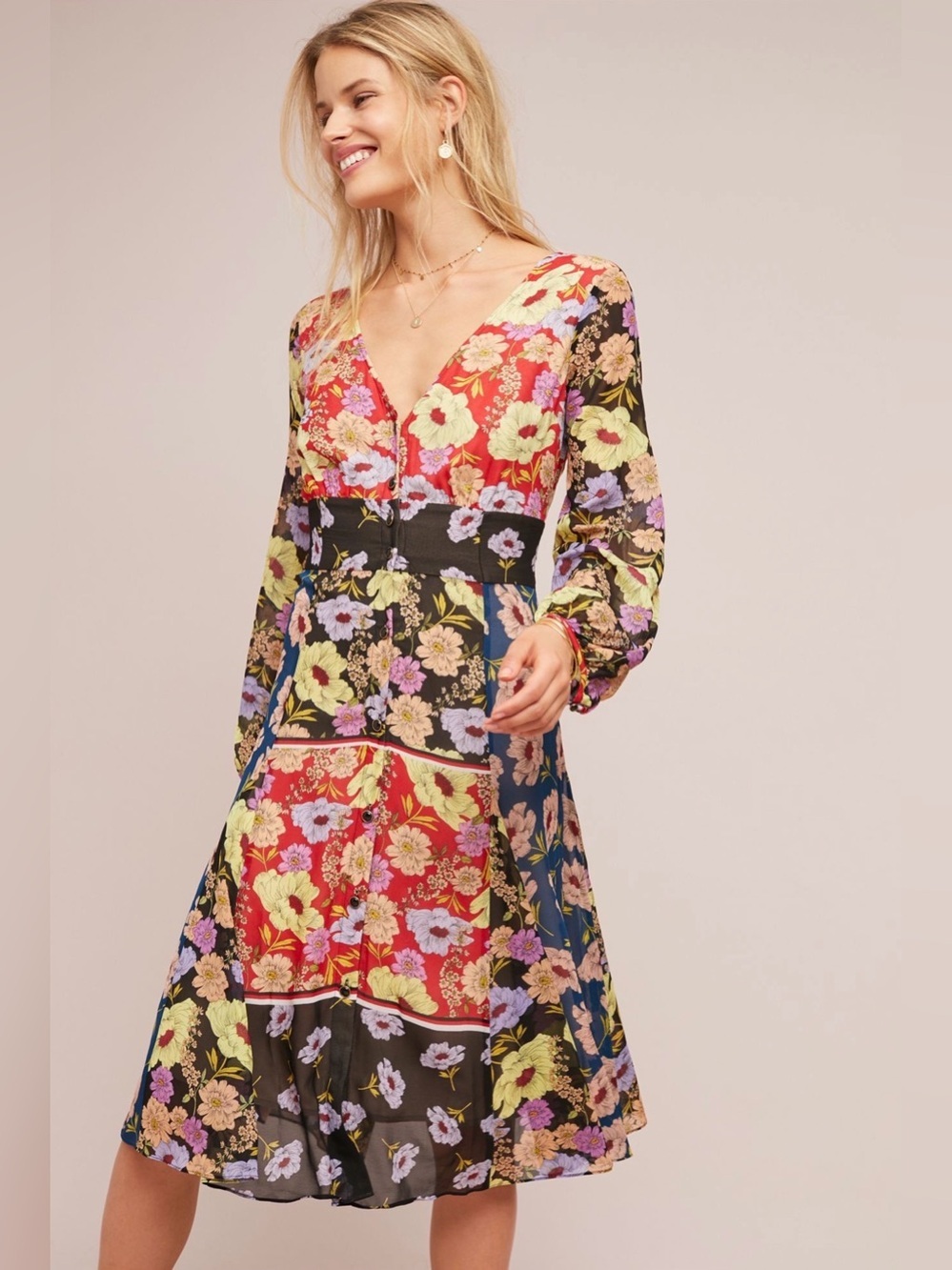 Maeve Anthropologie Floral Patchwork Midi Dress Long Sleeve Boho Cottagecore 2